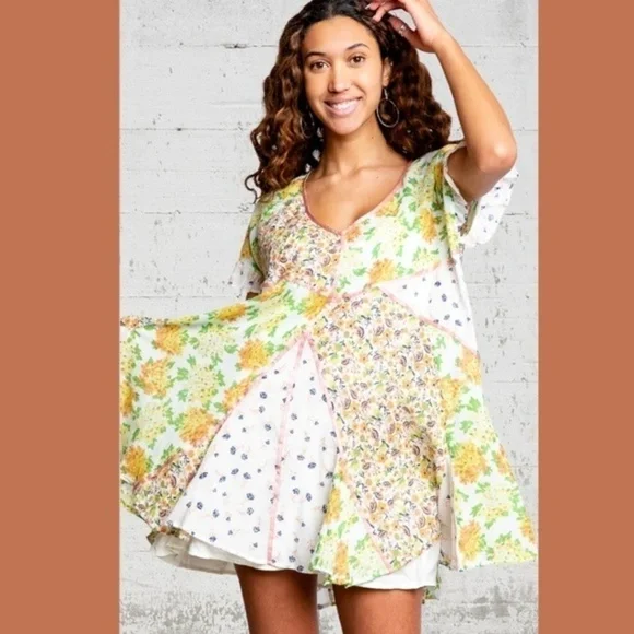 FREE PEOPLE Wildflower Airy Cotton Patchwork Oversized Minidress w/Slip NWT - Picture 3 of 16